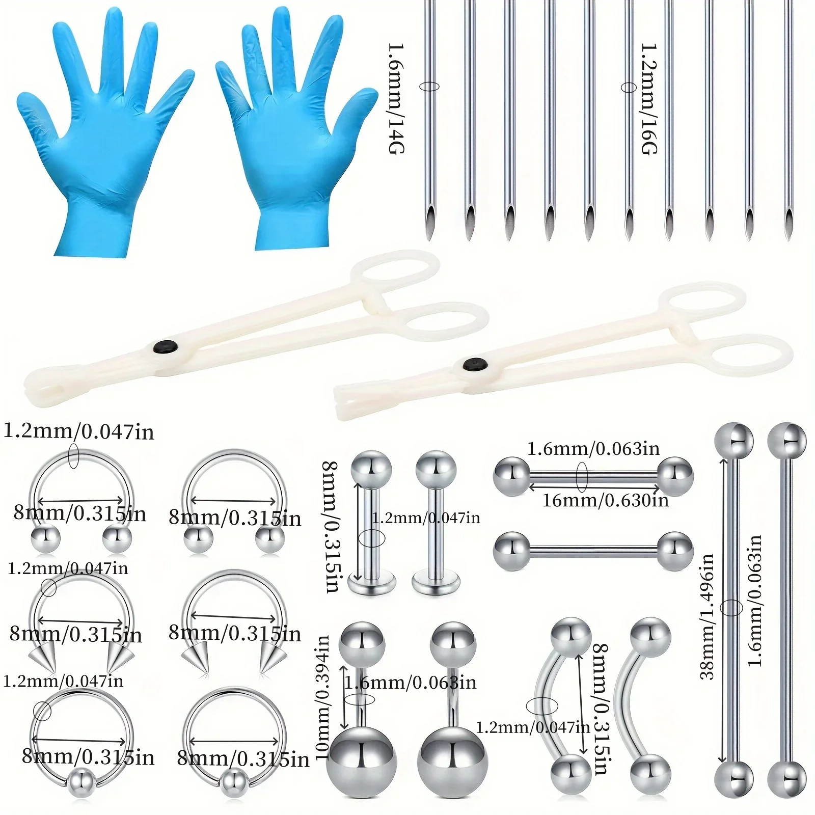 30pcs Stainless Steel 14G Belly Tongue 16G Nose Lip Septum Ear Industrial Helix Eyebrow Tragus With Piercing Needle Clamp Tool