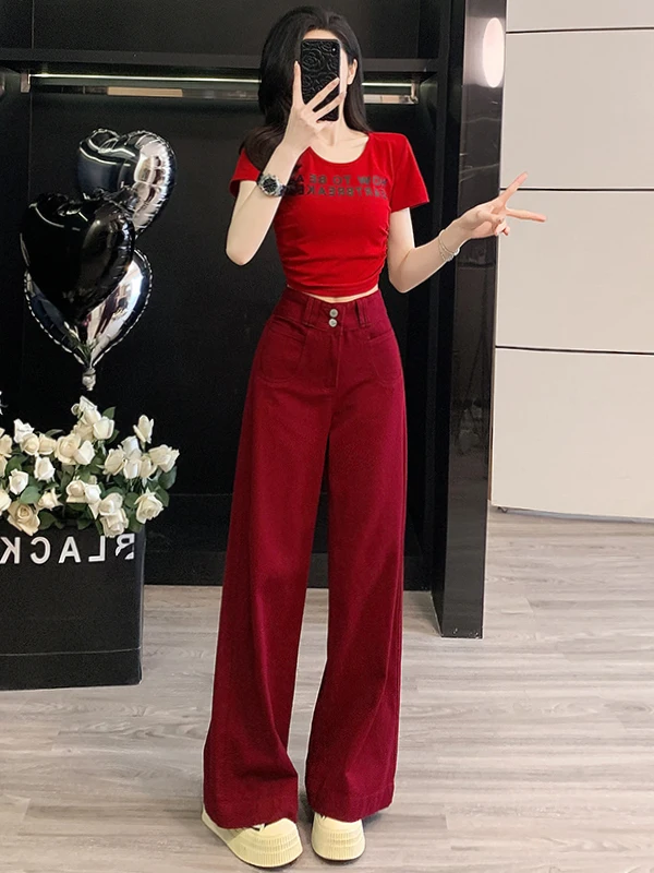 

Fashionable Red Short Sleeve T-Shirt And Wide Leg Jeans Casual Slim Fit Two Piece Set for Women Summer Style Outfit by LaLaYi...