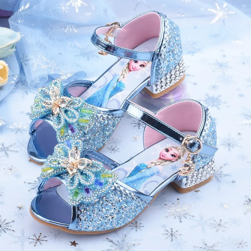 디즈니 겨울왕국 2 엘사 공주 코스프레 샌들 여성용 청소년 및 어린이 - 크리스탈 하이힐 캣워크 쇼 신발 반짝이는 라인스톤