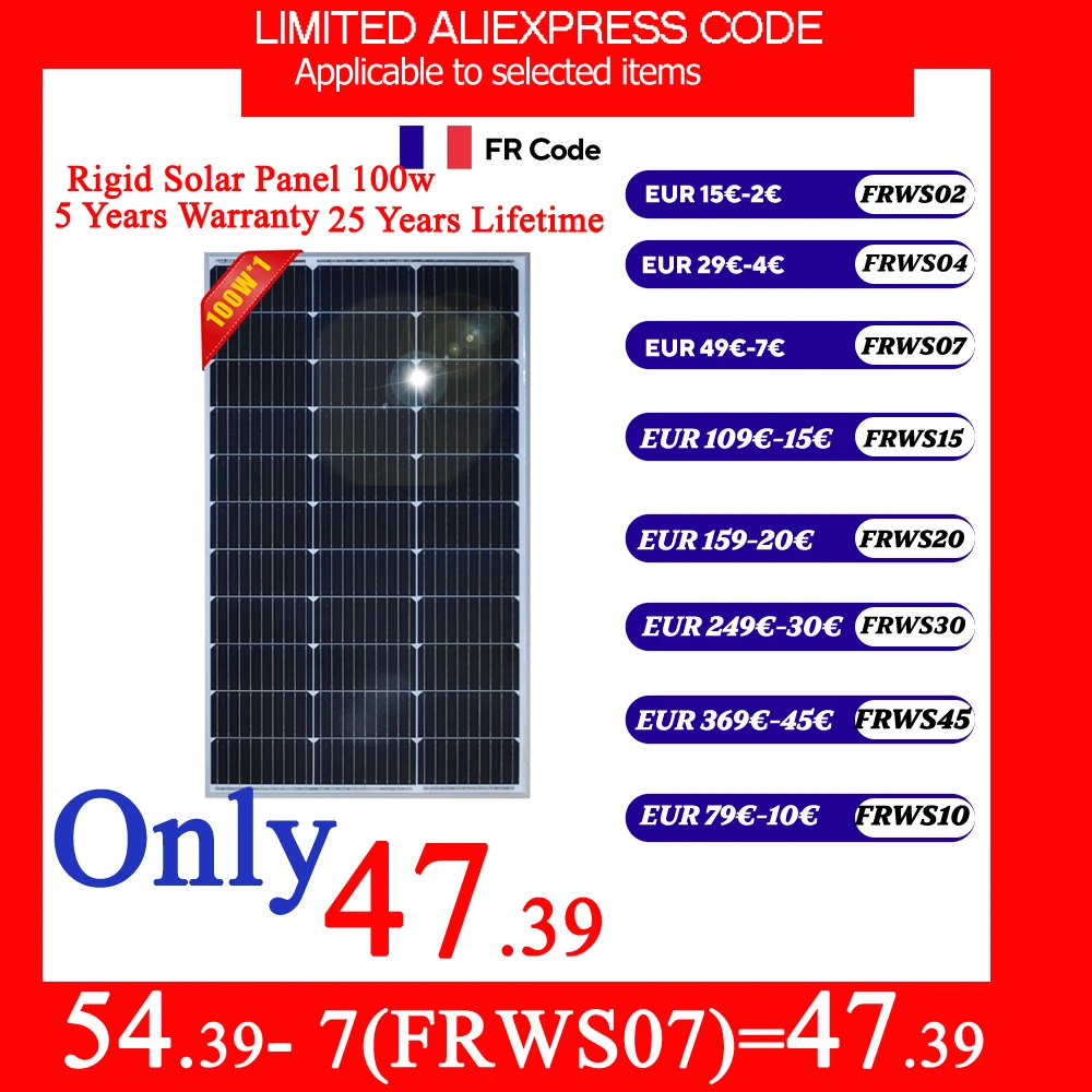 Panneau solaire rigide, cellule monocalline photovoltaïque, charge de batterie 12V, 100W, 200W, 18V, 25 ans