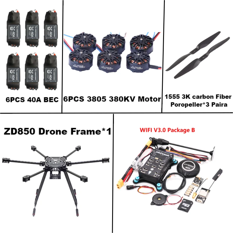 ZD850 Pixhawk 2.4.8 M8N Full Carbon Fiber 850mm Hexa-Rotor Frame BLHELI 40A ESC Flight Comtrol Rado Telemetry Set