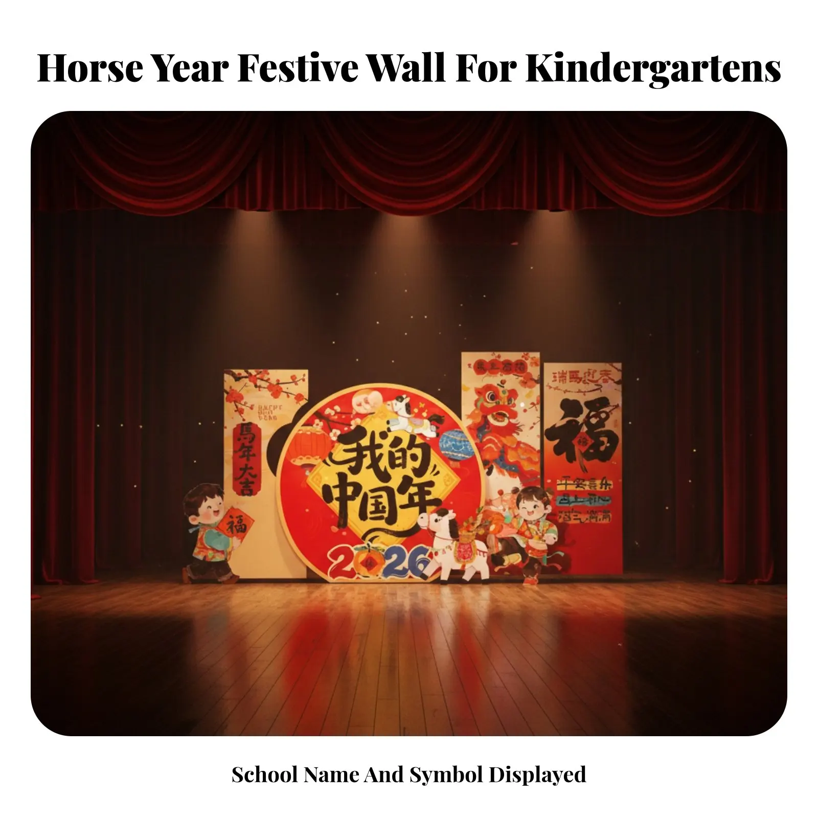 

Фон для детского сада на Новый год, тема «Лошади», настенная панель на заказ, декор для праздничной сцены