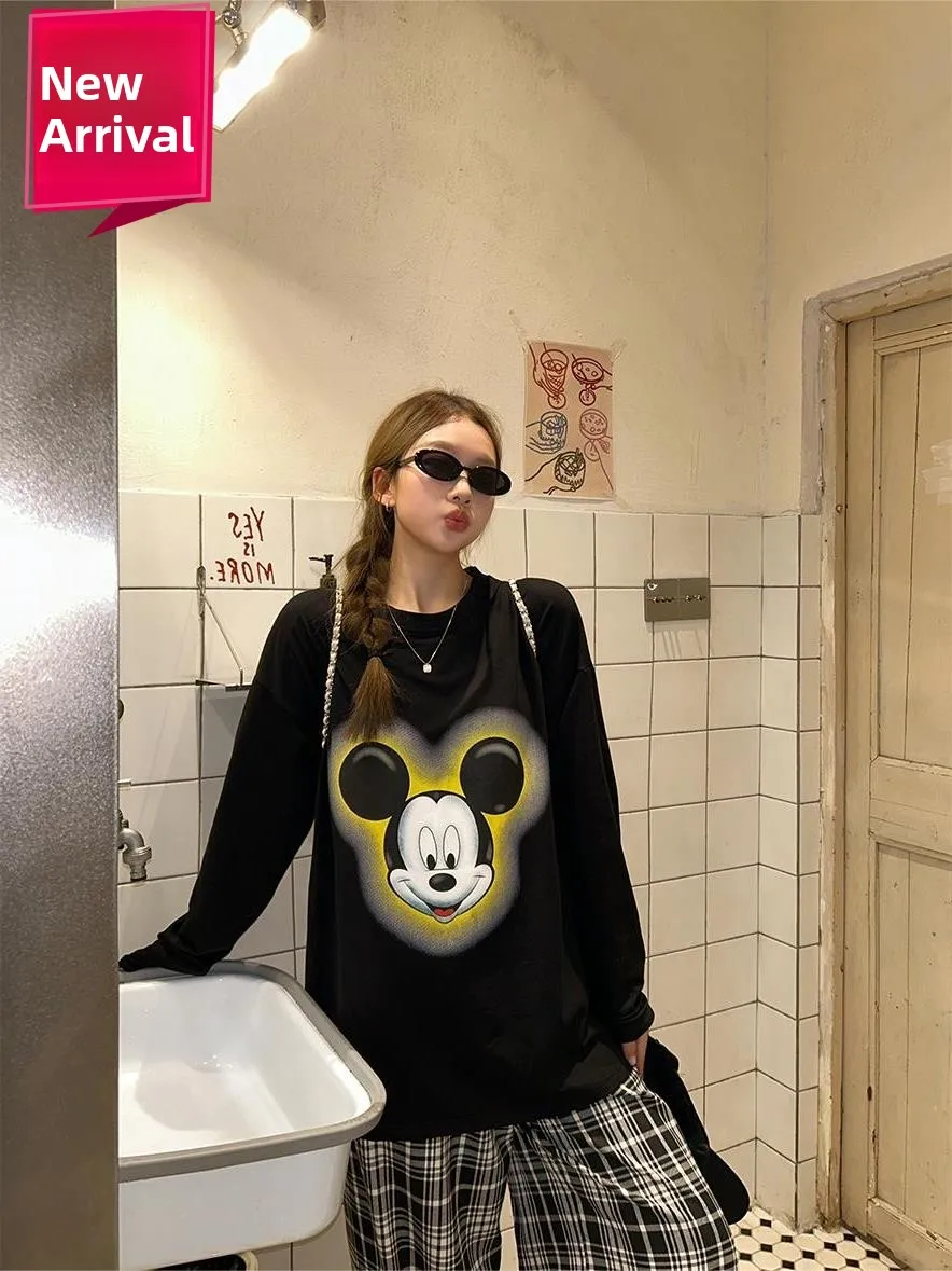 T-shirt lunga con stampa cartoon Sve Miey vestibilità ampia T-shirt da donna Boting irt Cover Butt di media lunghezza Casual Top Street Sle