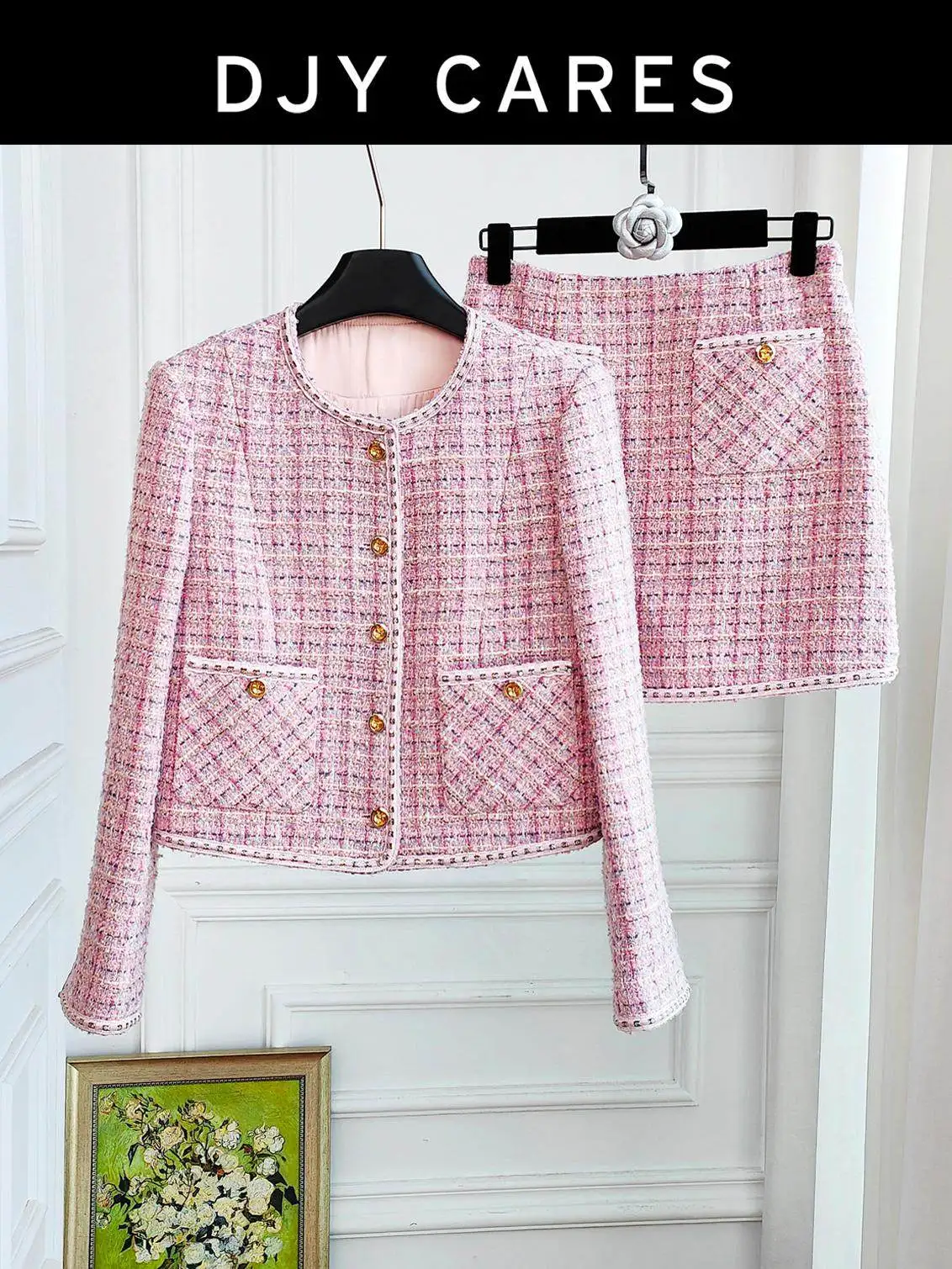 New Sweet pink short jacket+slimming half skirt set big size