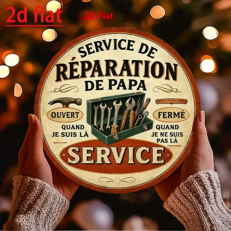 1D Flat Retro French Style Papa Repair Service Round Aluminum Sign 8inch Garage Man Cave Cafe Restaurant Wall Decoration