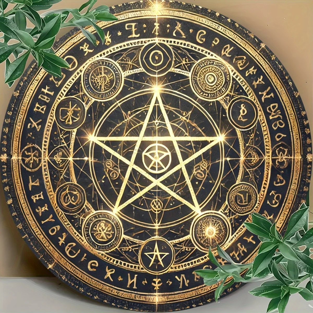 1pc Vintage Witchcraft Pentagram Aluminum Sign - Mystical Golden & Black Symbols, Wall Hanging Decor for Hawaiian Gift, Fantasy