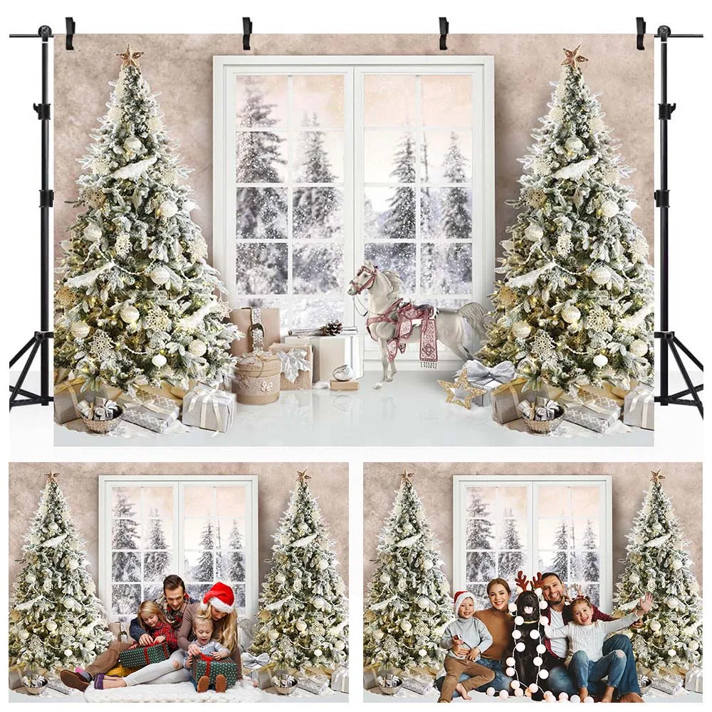 Mocsicka boże narodzenie tło dla fotografii choinka okno las rodzina portret zdjęcie tło Studio Photoshoot Backdrops