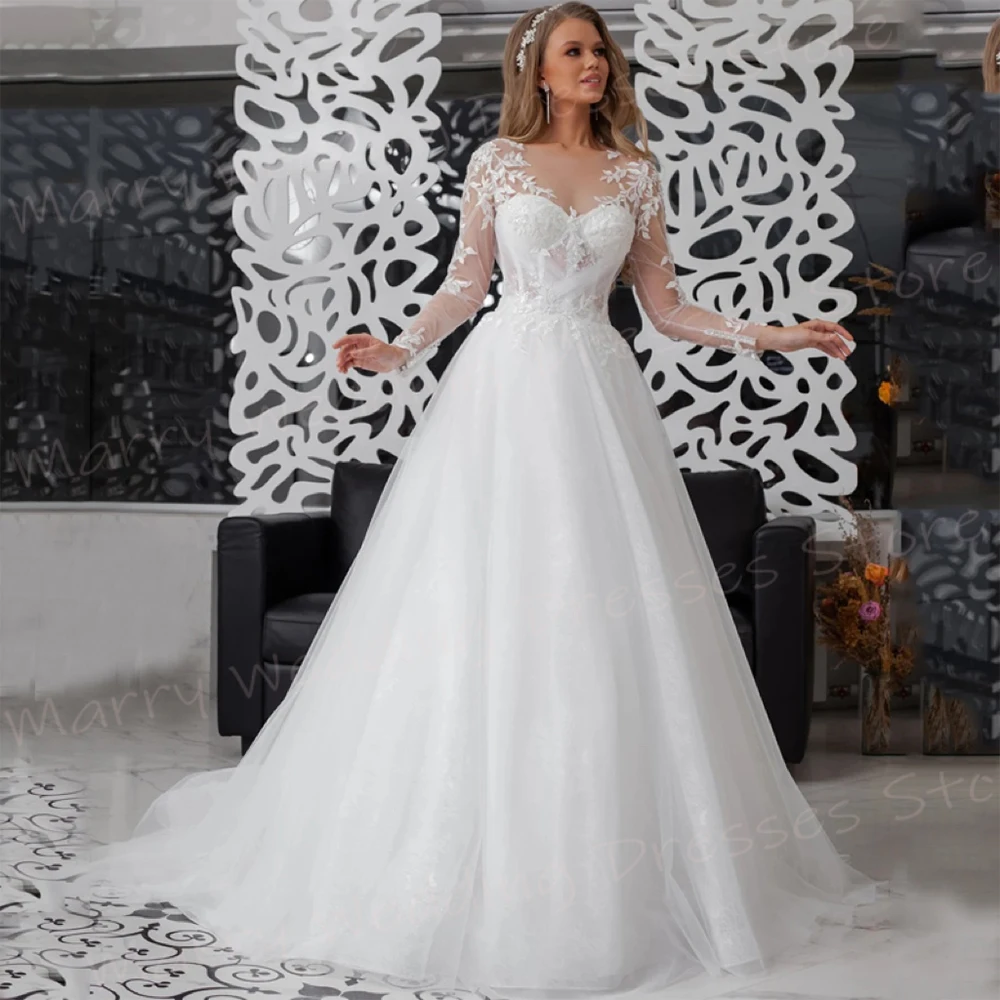 Gaun pengantin wanita A-Line cantik gaun pengantin renda applique Modern gaun pengantin menawan leher V lengan panjang Vestido Novias Boda disesuaikan