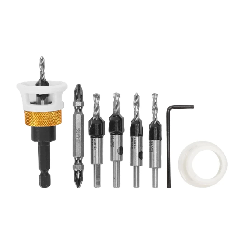 Countersink Drill Bit Set with Depth Stop and Hex Shank Adapter for Wood Screws, Includes 5 Center Bits 1/8
