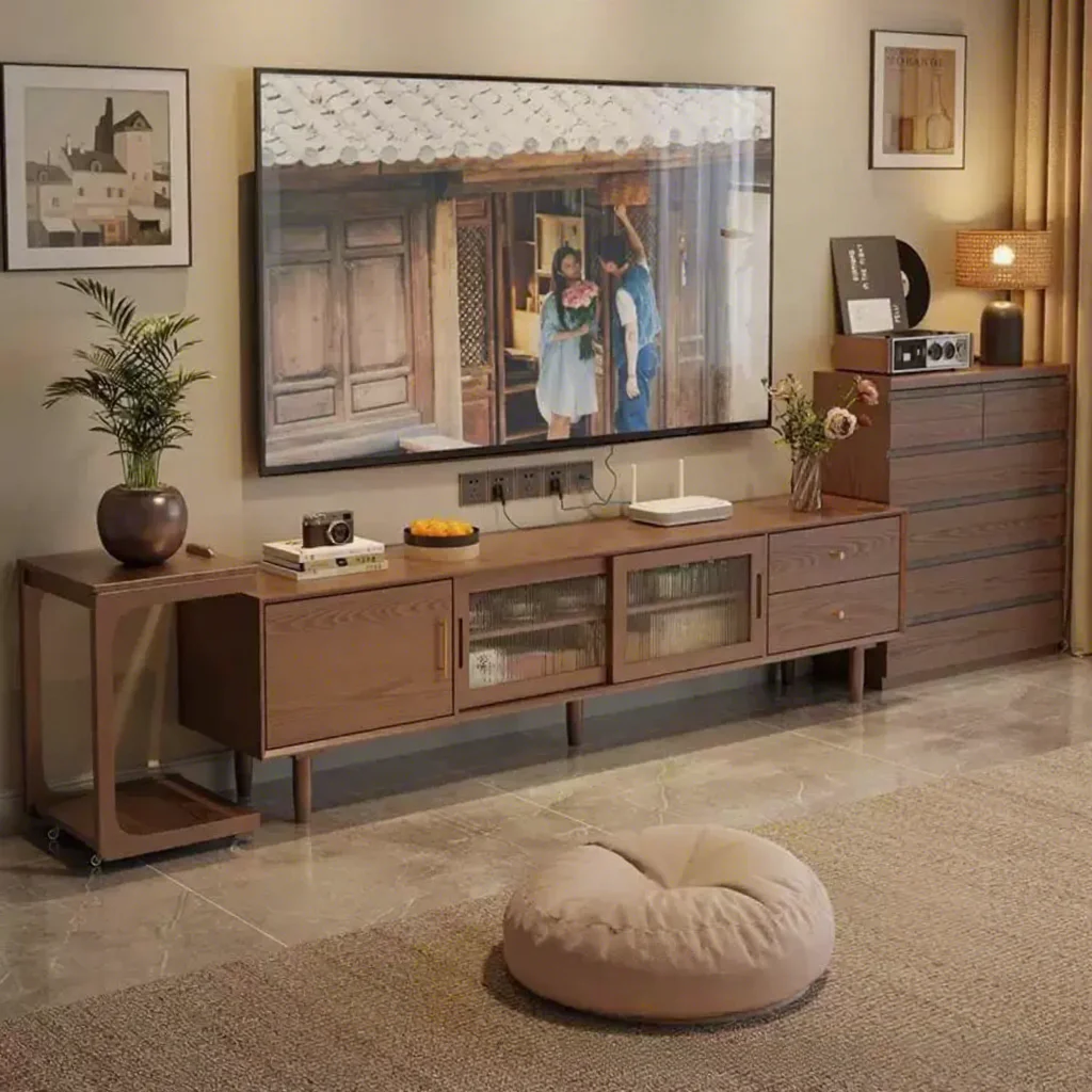 3-Piece Retro TV Cabinet & Solid Wood Coffee Table Set for Modern Living Room Apartment Farmhouse, 180cm