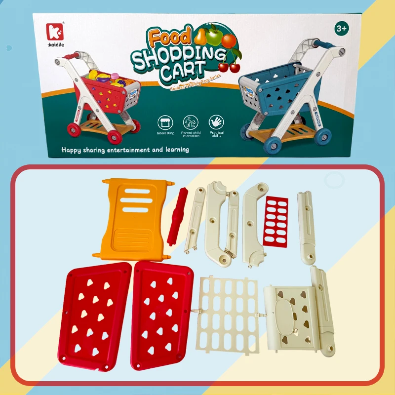 어린이 쇼핑 카트 장난감 17PCS – 레드 |   과일 및 음식 상자가 포함된 소꿉놀이 세트 |   바퀴와 수납공간이 있는 48cm 푸시카트 |