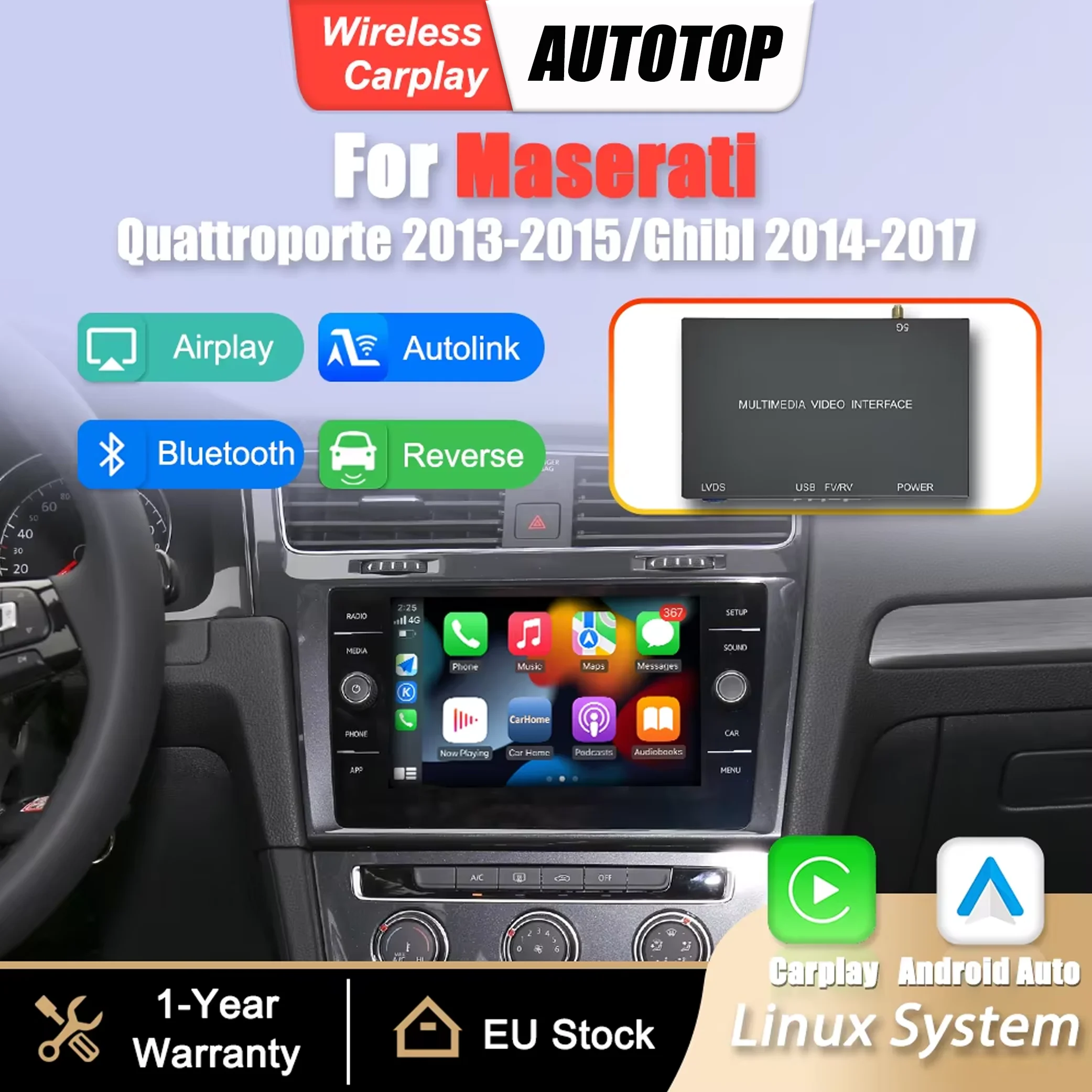 Boîtier adaptateur d'interface sans fil CarPlay Android Auto pour Maserati Quattroporte Ghibli 2013 2014 2015 2016 2017, module de navigation GPS avec Mirror Link, Airplay et Bluetooth