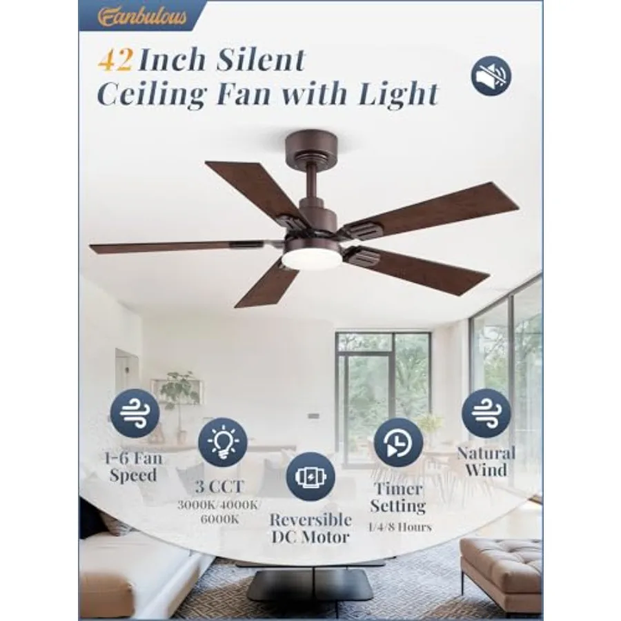 Bedroom ceiling fan with light and remote: oil bronze, modern low profile design, dimmable 3CCT LED, quiet DC motor, reversible