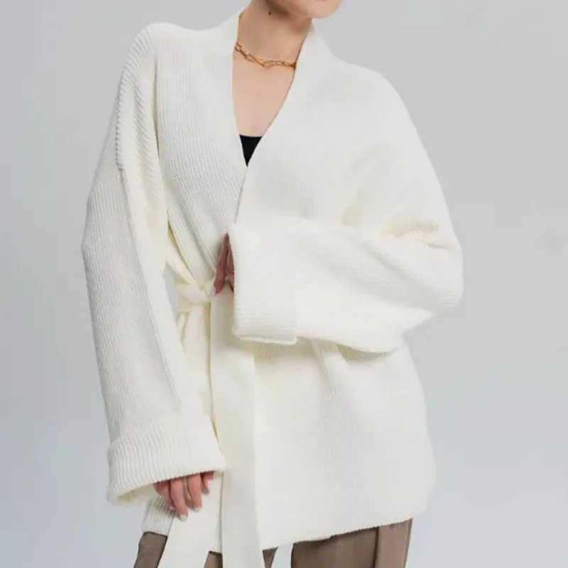 Casual Pit Streifen Gestrickte Spitze Up Strickjacken Herbst Winter Neue Einfarbig Langarm Pullover Dame Elegante V-ausschnitt Pendeln Jumper