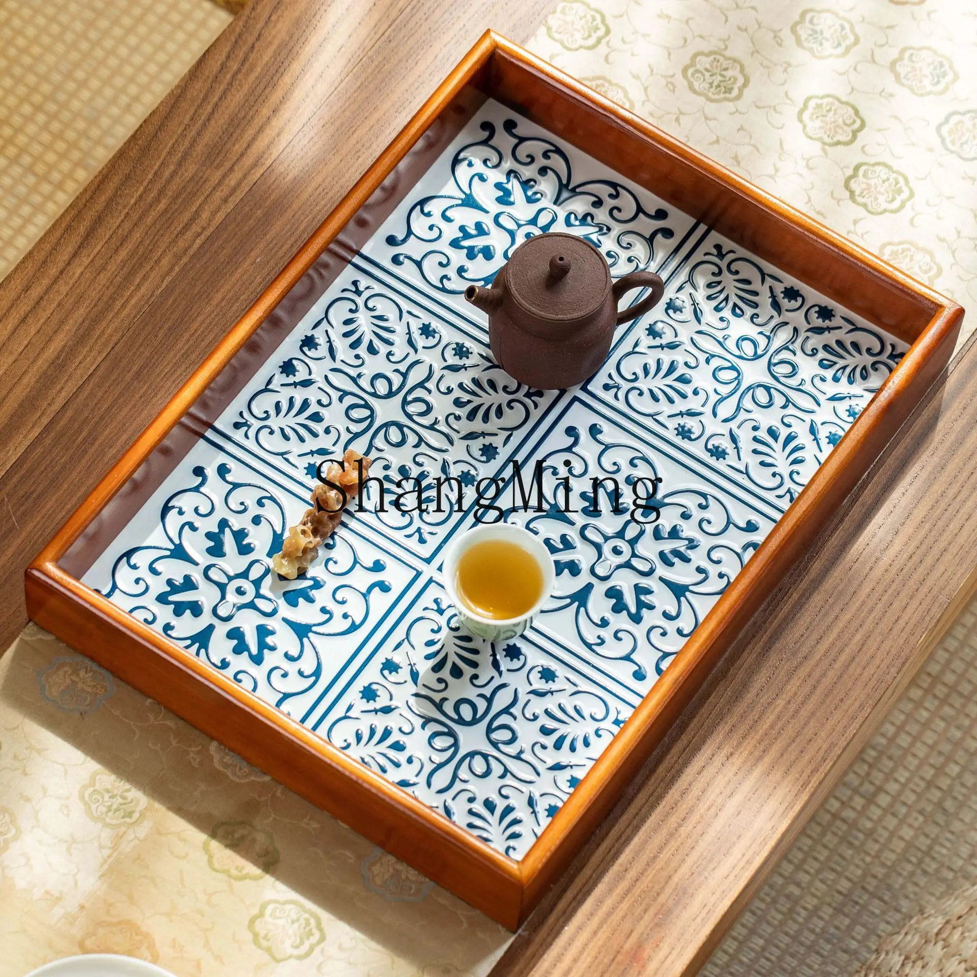 SM New Chinese Solid Wood Rectangular Tea Tray Household Dim Sum Tray Commercial Dried Fruit High Value Storage Tray