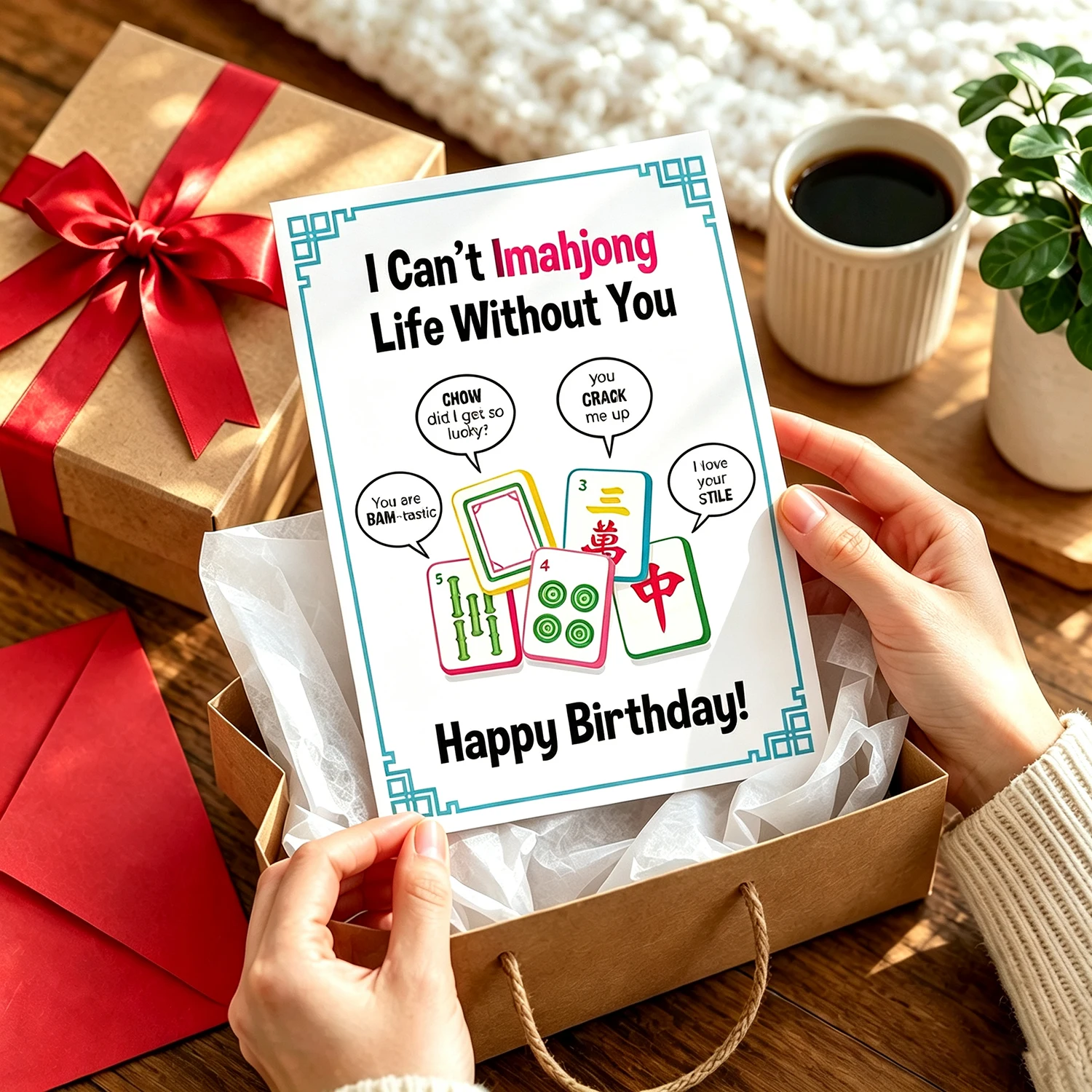 1 Greeting Card + 1 Envelope, Humorous Mahjong Birthday Card, Suitable for Women, Men, Friends, and Family, Mahjong-Themed Gift, Suitable for Women, Men, Friends, and Family, Birthday Party Decorations, Includes Envelo