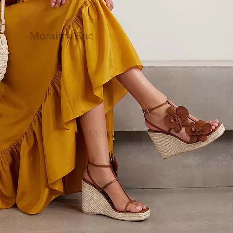 

High-Heels Flower Sandals for Women Square Toe Wedges Platform Shoes Summer T-Strap Espadrilles Sandals Vacation Beach Shoes