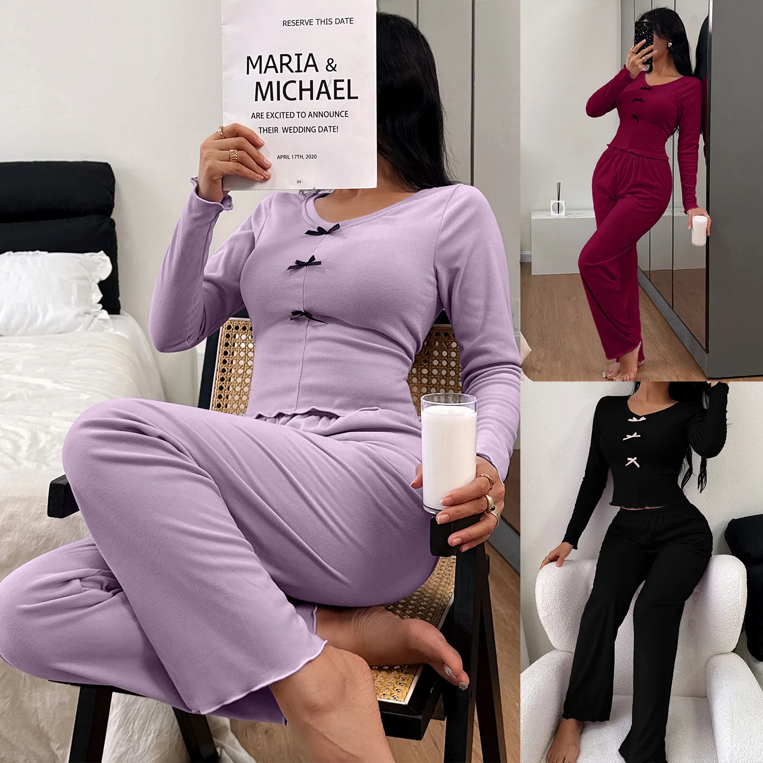 

Velvet Fleece Pajamas Bow Sleepwear Women Home Wear Set Long Sleeve Top and Trousers 2 Piece Set Autumn Winter Warm Loungewear