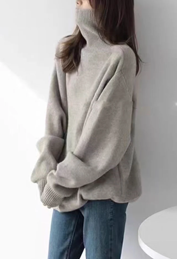 

Merino 100% Wool Women's High Neck Pullover Autumn Winter Thick Loose Casual Fashionable Knitted Cashmere