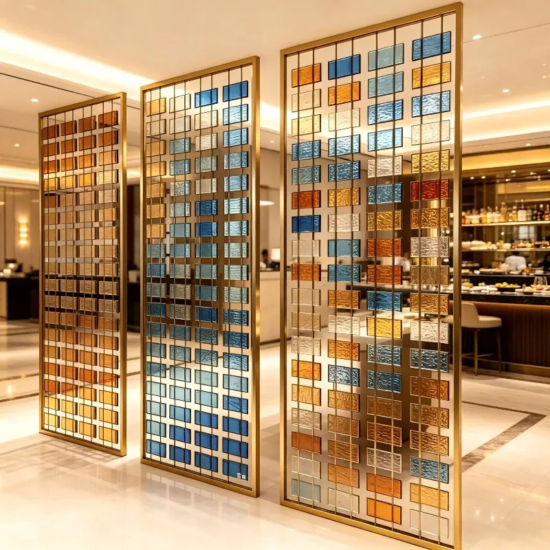 Light Luxury Stainless Steel Colored Art Glass Partition, Metal Decor Screen for Hotel, Club & Entryway Project