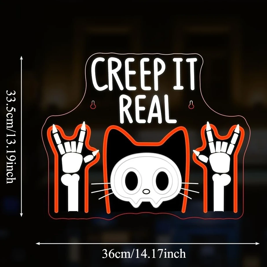 ป้ายไฟนีออนรูปหัวกะโหลกแมว Creep It Real ไฟ LED ปรับความสว่างได้ สำหรับตกแต่งผนังงานปาร์ตี้ธีมฮาโลวีนสุดหลอน ใช้พลังงานจาก USB