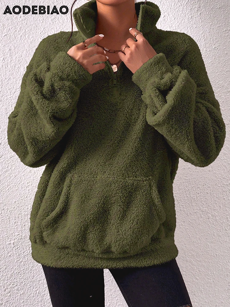 AODEBIAO Women Hairy Hoodie Coat Autumn Winter Long Sleeves Fashion Loose Coat Top Casual Streetwear Keep Warm Solid Long Hoodie