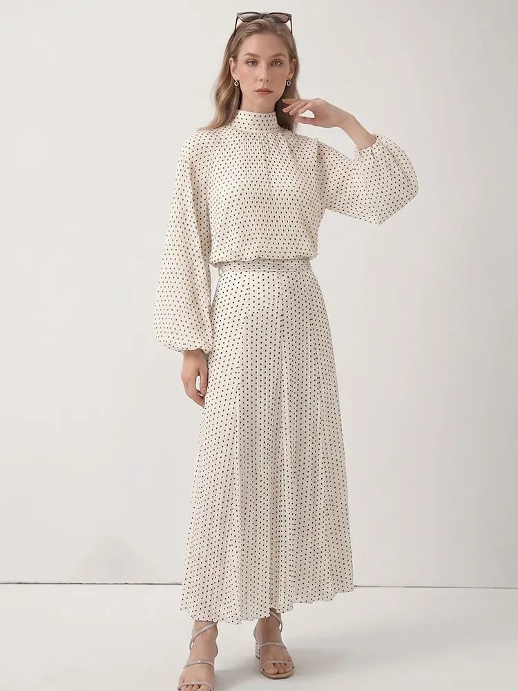 HH Fashion Damen Weißes Polka-Dot-Set mit Schleifenbluse und hochtailliertem Rock für Frauen, lässiges Wochenend-Streetwear-Set