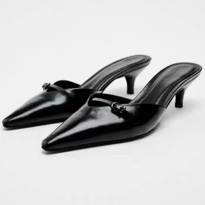 Elegant Slingbacks Women Sandals summer 2024 Luxury Desinger Pointed Toe Chic Buckle Black Party High Heels Lady Mules Shoes