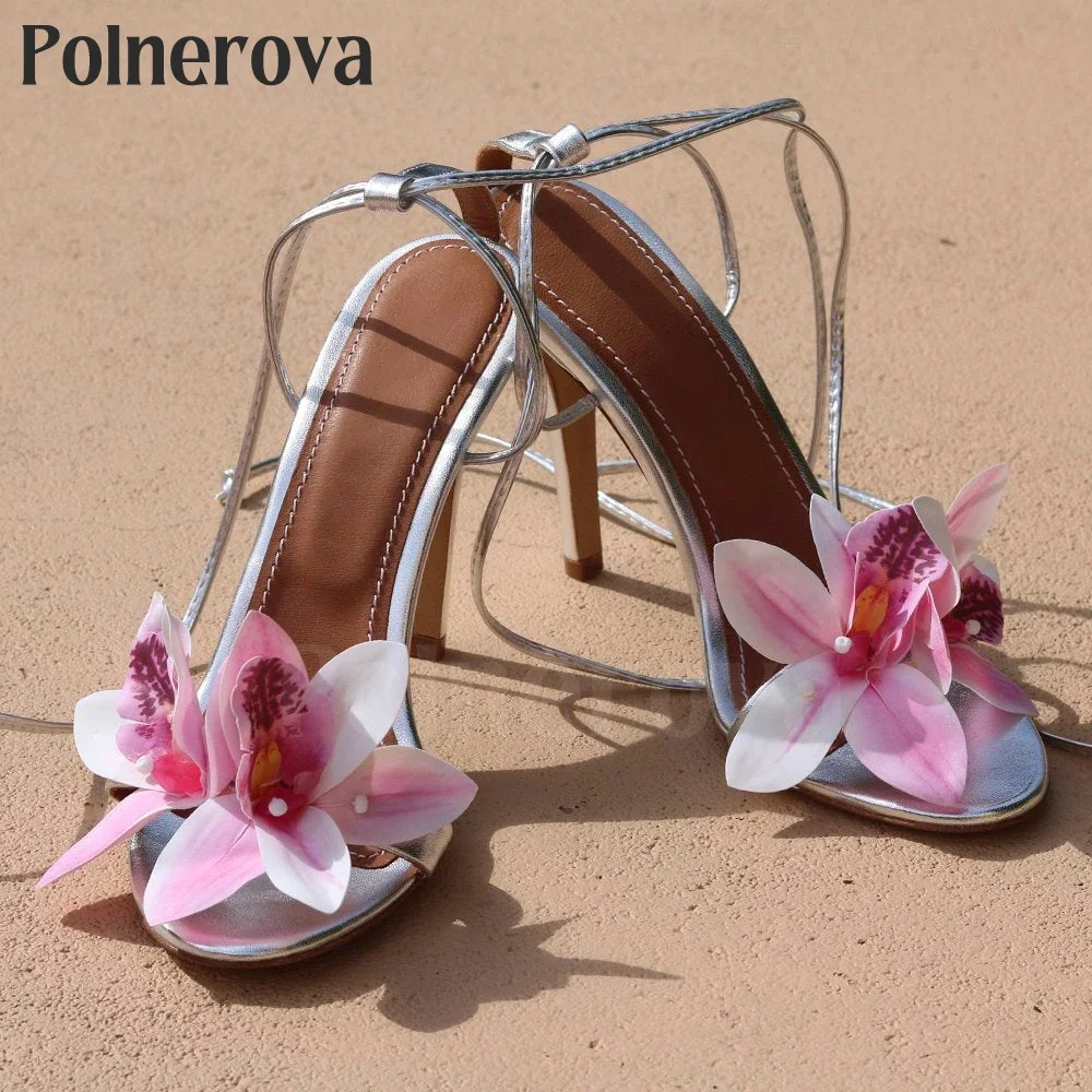 

Pink Lily Floral Sandals White Leather Ankle Strap Sandals Fashionable Style Seaside Vacation High Heel Sandals for Women Custom