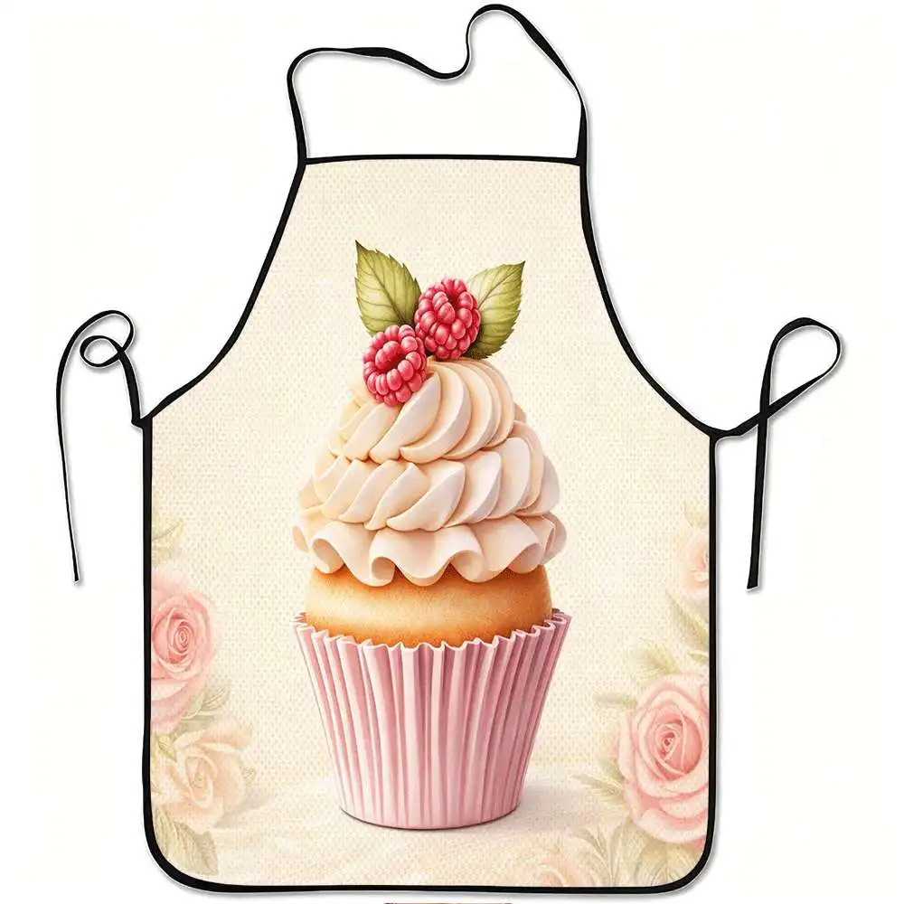 Un delantal con diseño de pastelitos de frambuesa, resistente y fácil de mantener, cintura ajustable, hecho de poliéster, adecuado para cocinar, jardinería