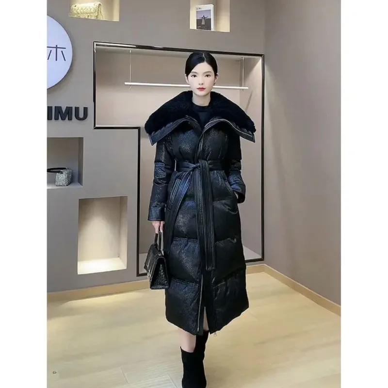 大きな襟のウエストダウンジャケット レディース 冬新作 韓国風 厚手 ゆったり ロング丈 膝丈 ホワイトダックダウンジャケット 上品 通勤