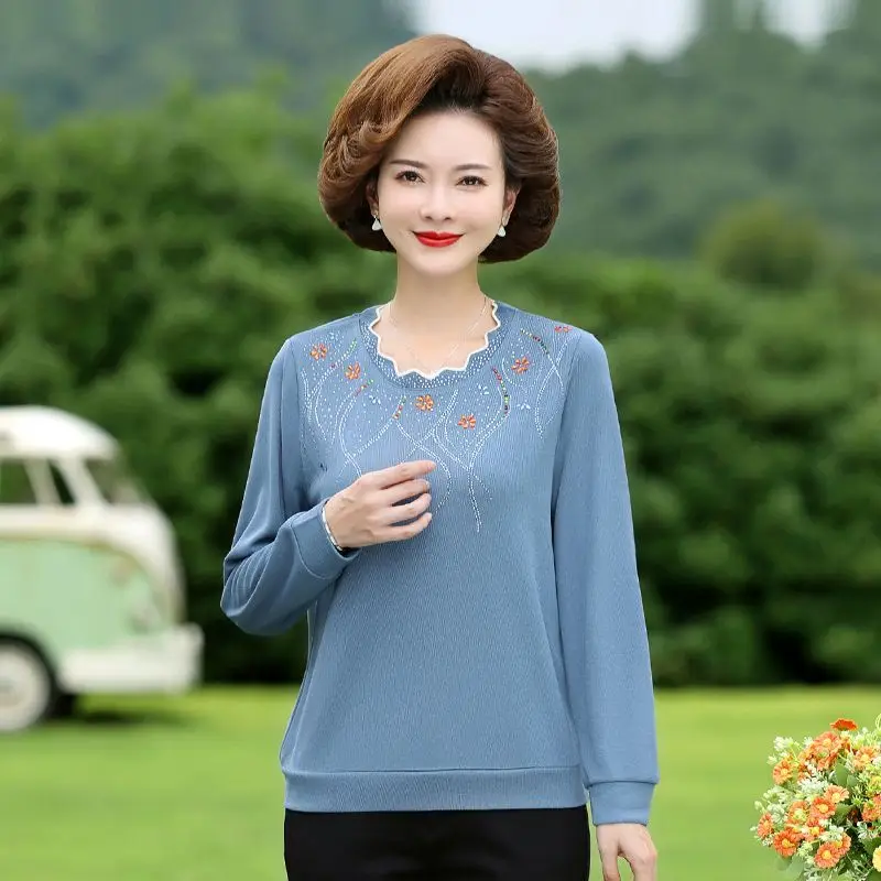 Tops Women's Clothing T-Shirts Diamonds Round Neck Generous Dignified Loose Vintage Elegant Fashion Casual Spring Autumn Thin