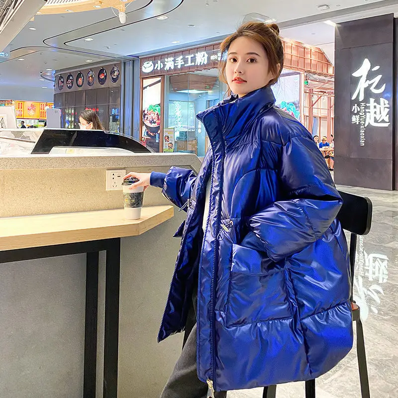 Autumn Winter Down Cotton Jacket Women Korean Loose Bright Face Stand Collar Padded Outwear Waist Drawstring Parka Coat Female