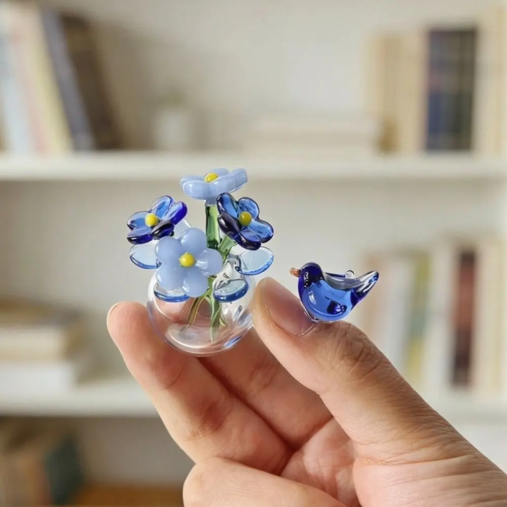 Mini Glass Flower Decor Colored Glaze Simulation Floral Handcrafted Floral Sculpture Glass Flower Bouquet Home Room Decoration