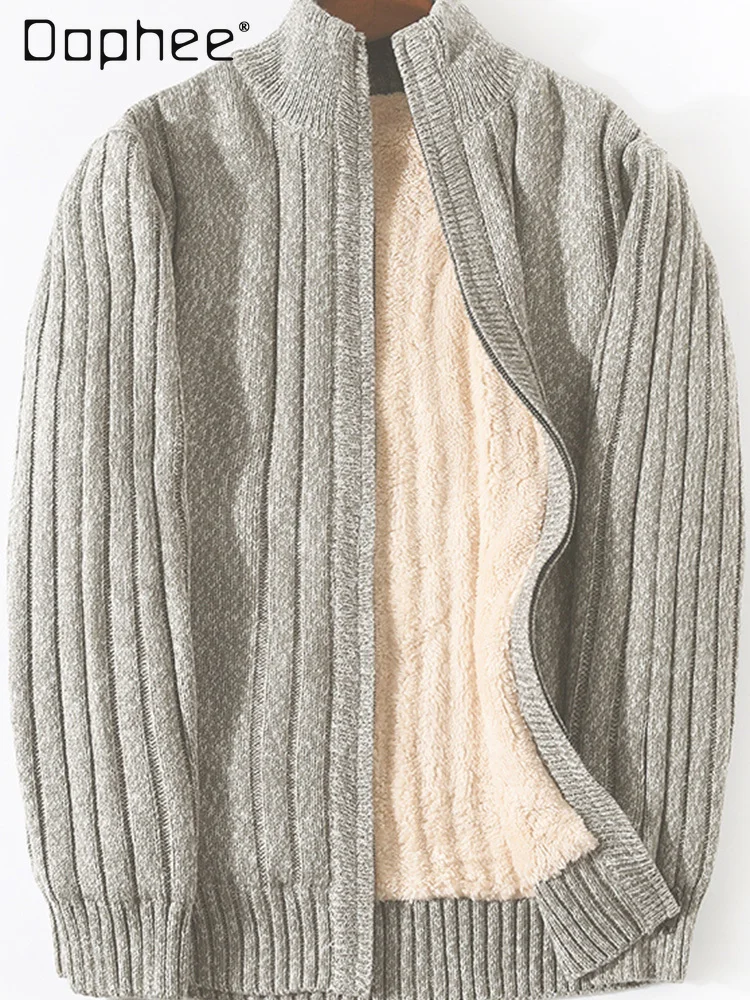 Autumn Winter Striped Design Thickened Fleece Blue Black Sweater Men's Stand Collar Slim Fit Casual Gray Knitted Cardigan