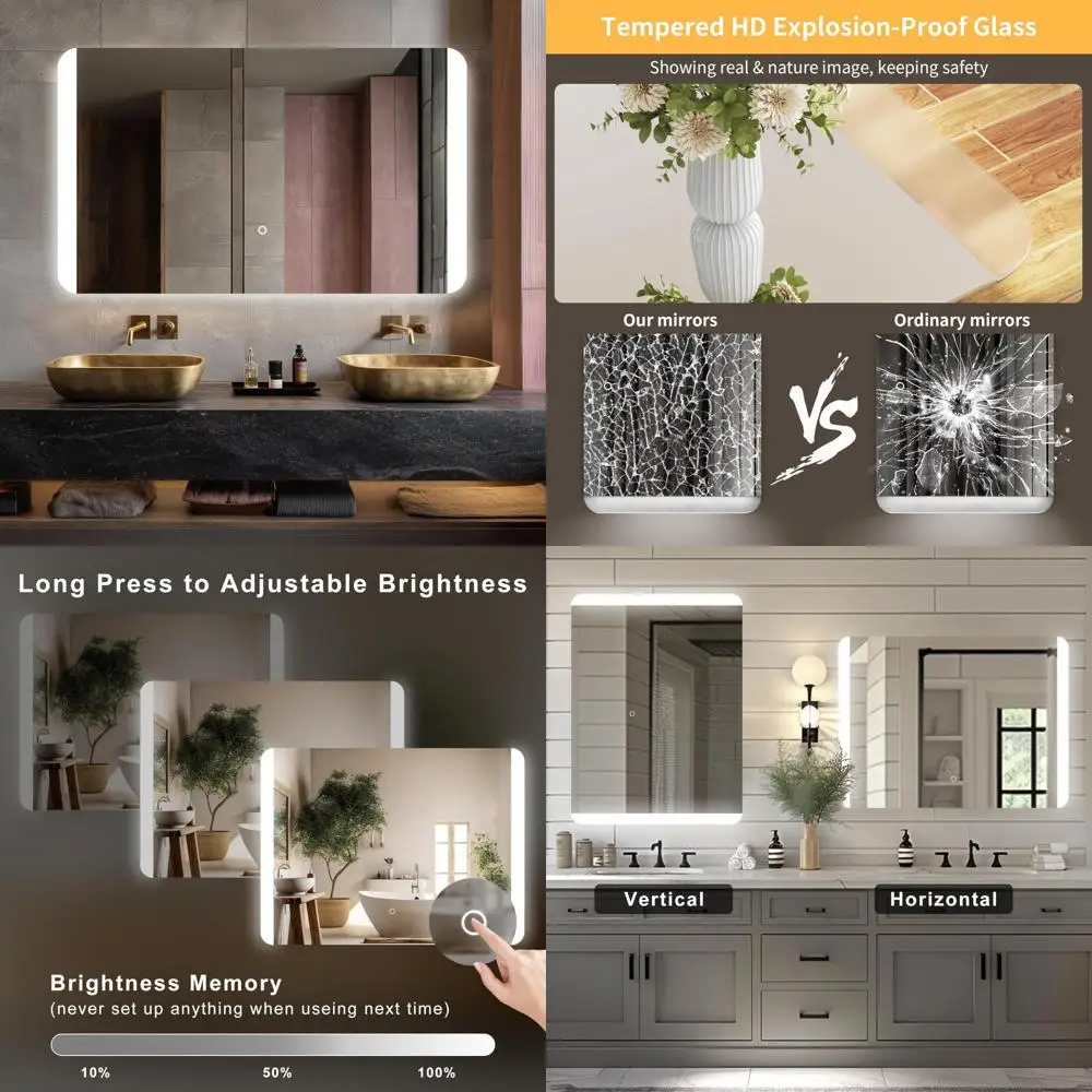 Espejo de baño LED retroiluminado rectangular con esquinas redondeadas, espejo de tocador sin marco regulable e resistente a roturas