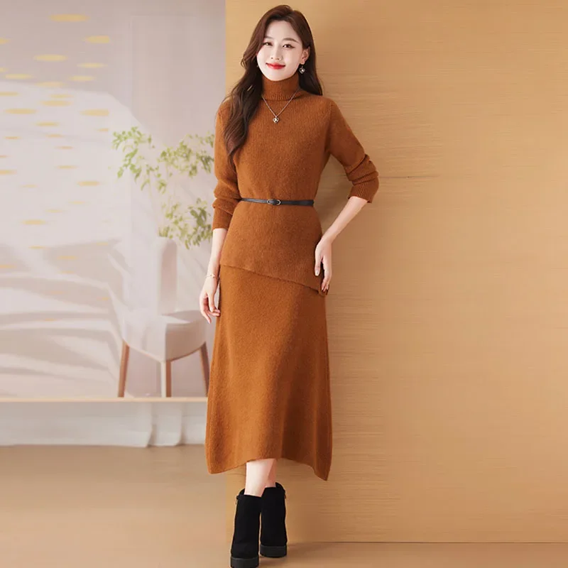 Autumn Winter Solid Slim Fashion Belt Two-piece Set Knitted Dresses Women Elastic Turtleneck Soft Wool Commute Temperament Dress