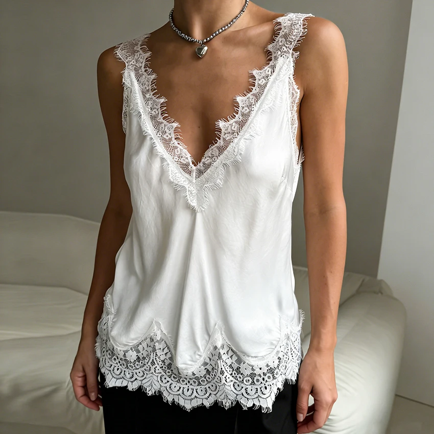 Linad Sexy Black Lace Camisole Women 2026 Spring Elegant Satin Spaghetti Strap Vest Female Street Chic White Deep V Neck Tops