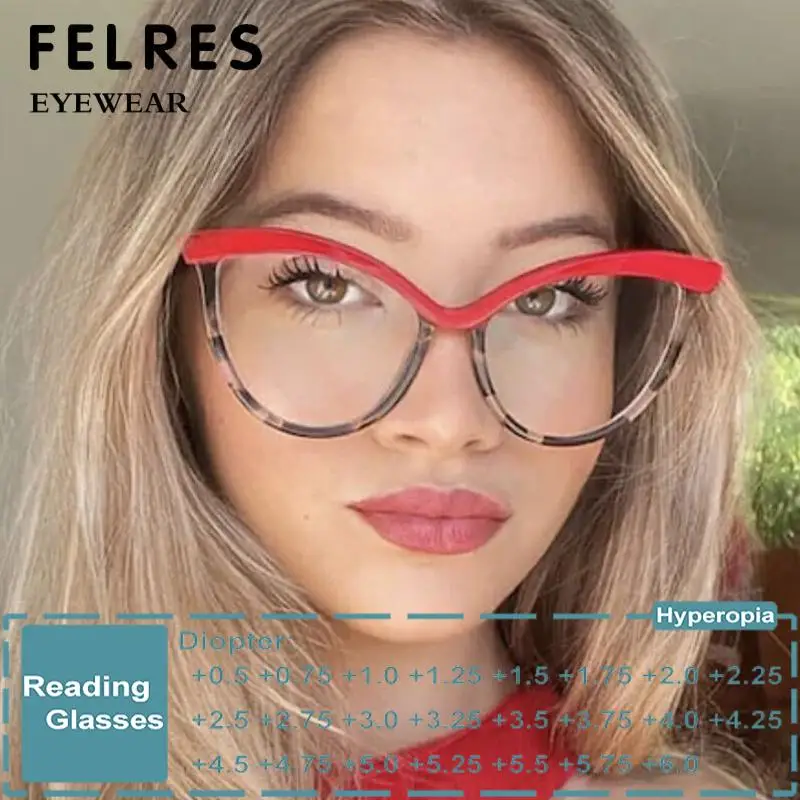 New Fashion Women Red Leopard Anti Light Blue Reading Glasses Trend Cat Eye Double Color Frame Hight Quality Optical Eyeglasses