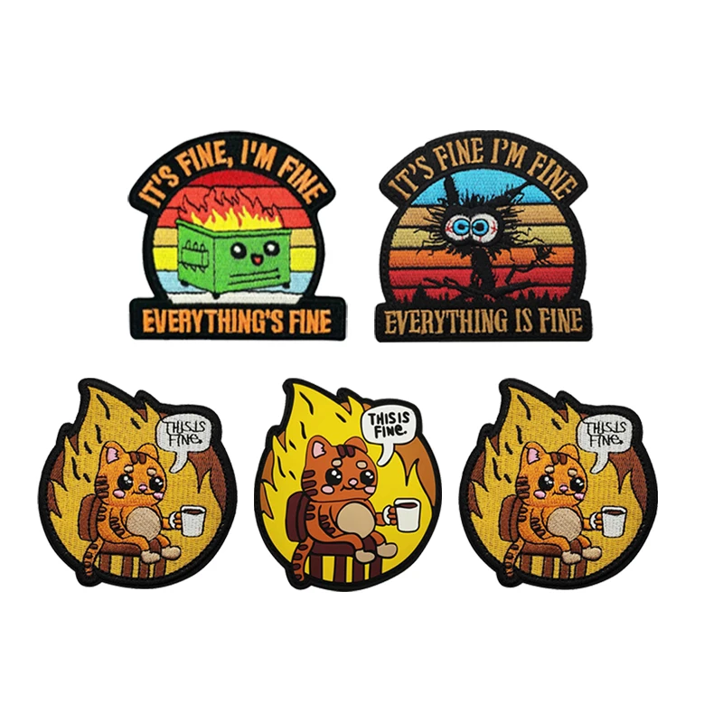 

Newly THIS IS FINE Litter Box Personality Bag Accessory Coffee Cat Anime Rubber Badge Outdoor Hook Loop Backpack Patches