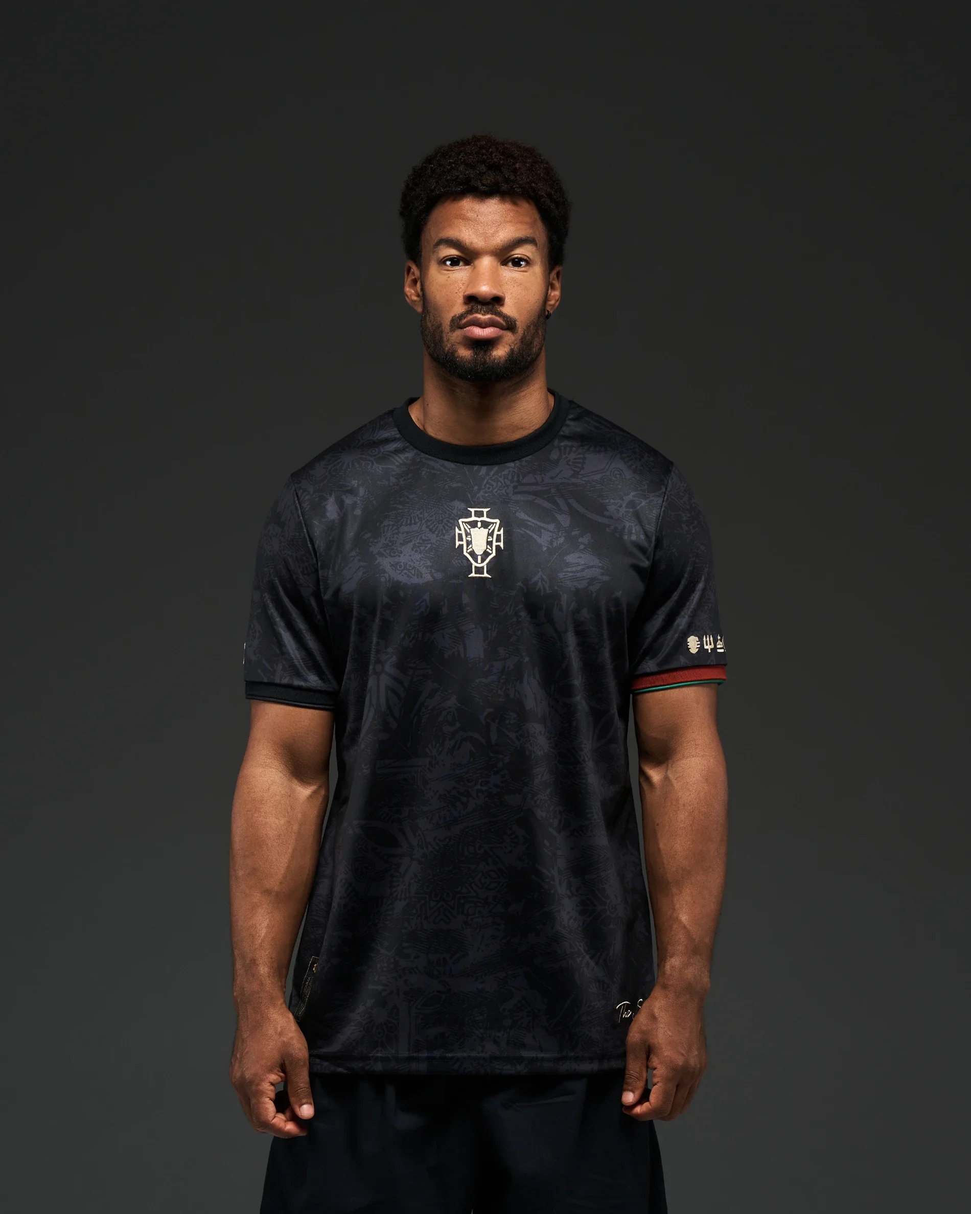 Portugal 2026 Style Black Pattern Soccer Jersey, Crest with Red & Green Trim, Breathable Short Sleeve Football Shirt
