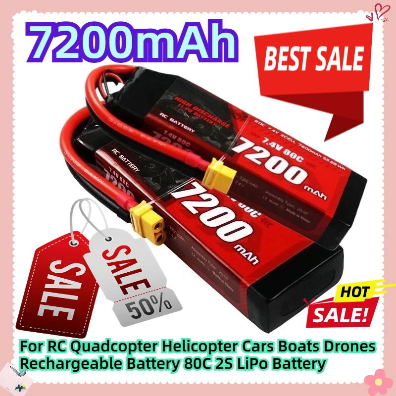 

7200mah 7.4V For RC Quadcopter Helicopter Cars Boats Drones Rechargeable Battery 80C 2S LiPo Battery