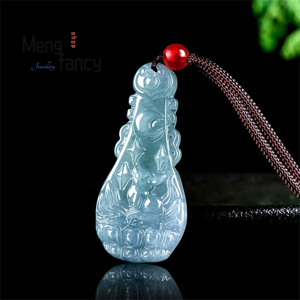 

Natural A-goods Jadeite Blue Water Pipa Fox Fairy Nine-tailed Fox Pendant Exquisite Couple Fashion Jewelry Mascots Holiday Gifts