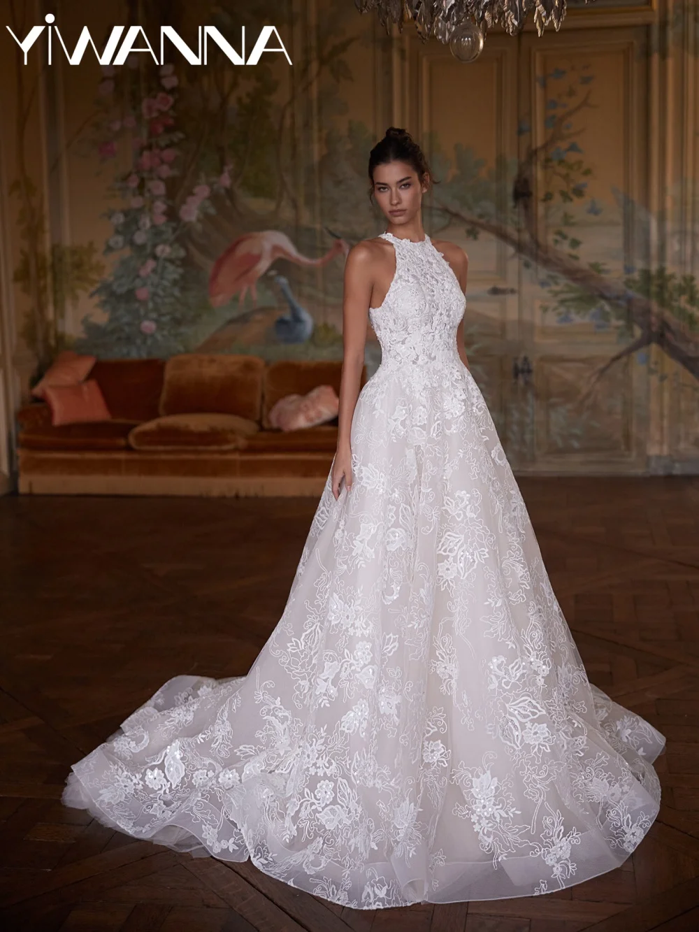 

Glitter Pearls Appliques Wedding Dress Modern Halter Sleeveless Bridal Gown New Customzied A-line Floor-length Dresses For Bride