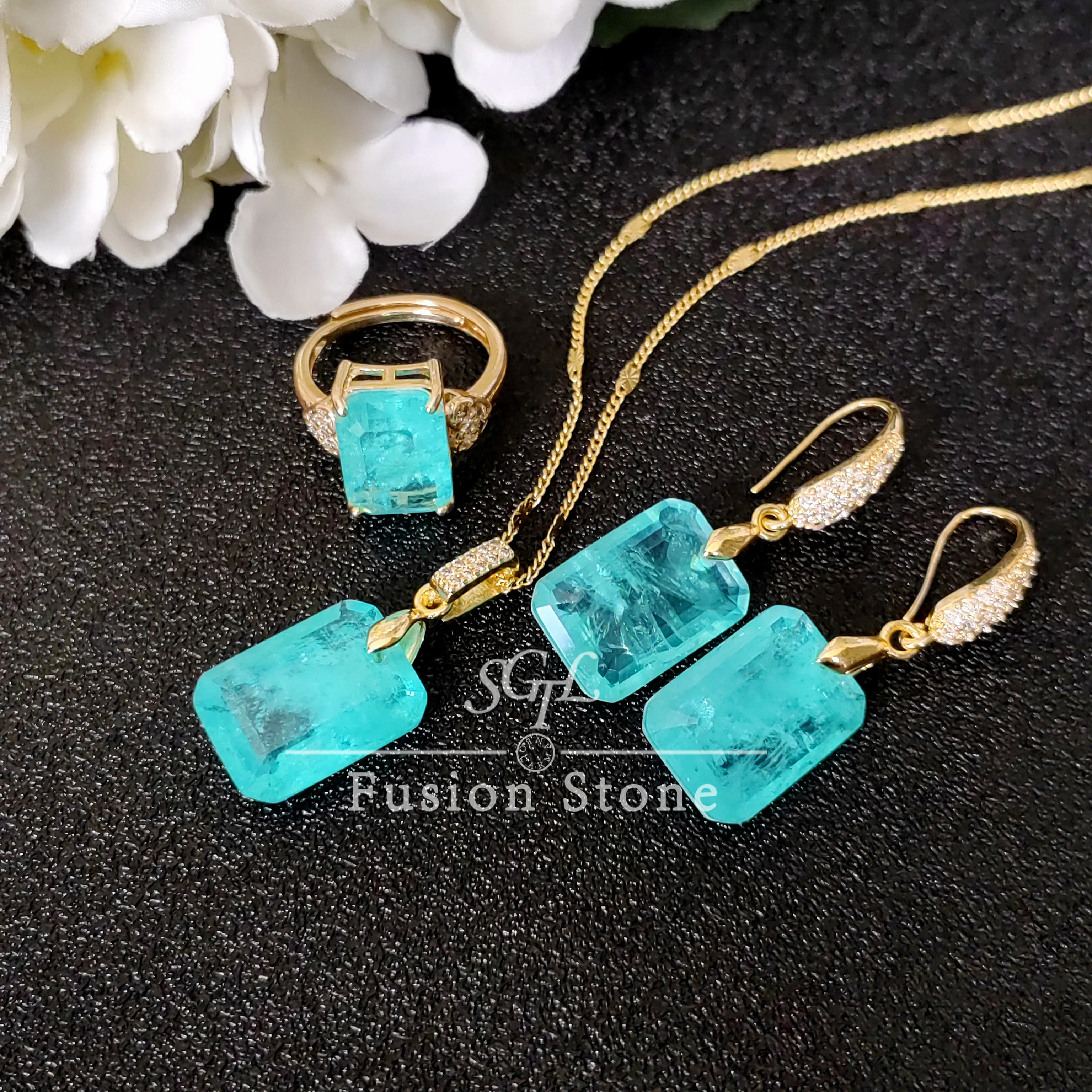 Palaiba Blue Rectangle Fusion Gemstone Copper Ring Pendant Earrings Three-Piece Set Natural Texture Jewelry Gift for Women