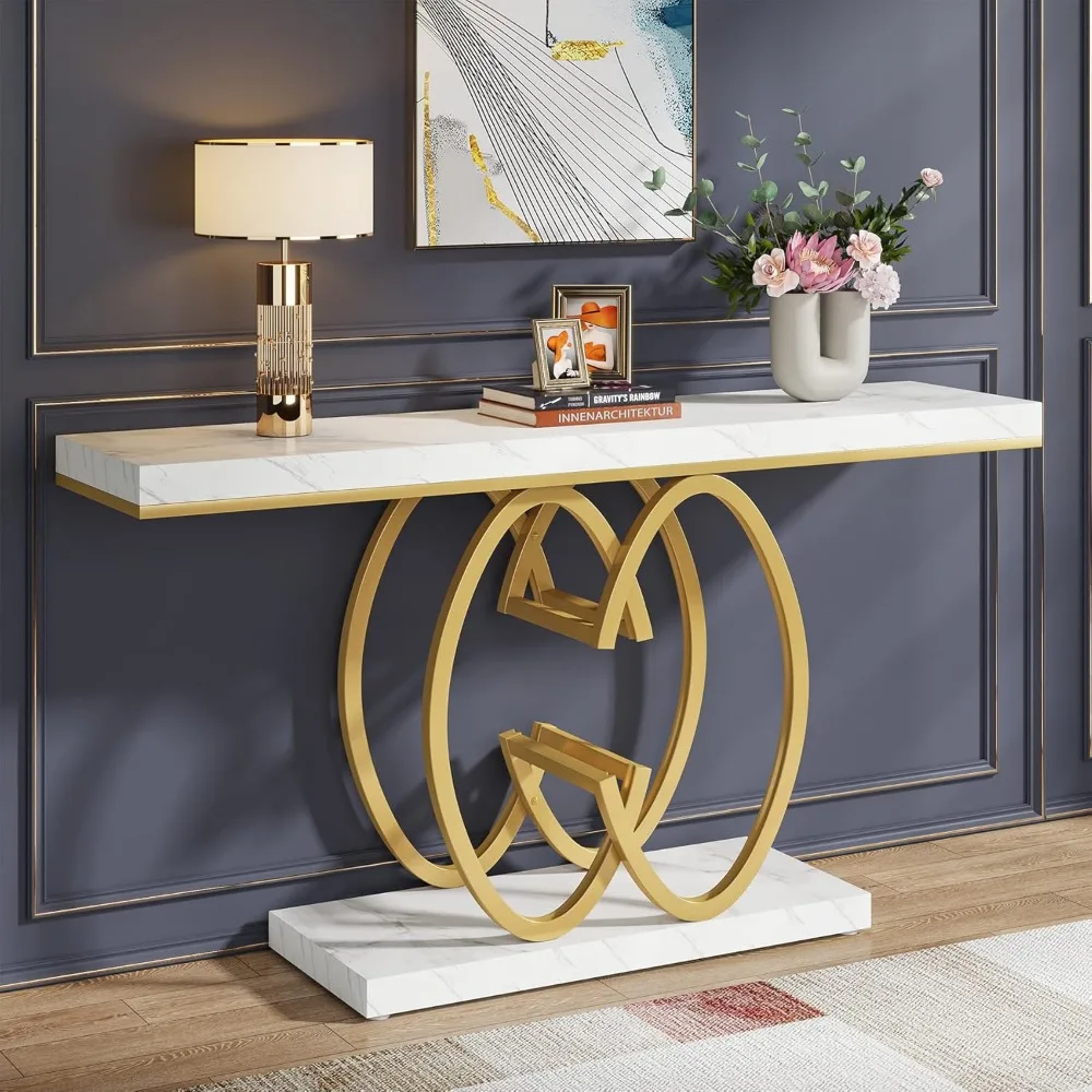 

55 Inch Console Table for Hallway, Faux Marble Gold Entryway Table with Geometric Metal Base, Modern Narrow Sofa Acce