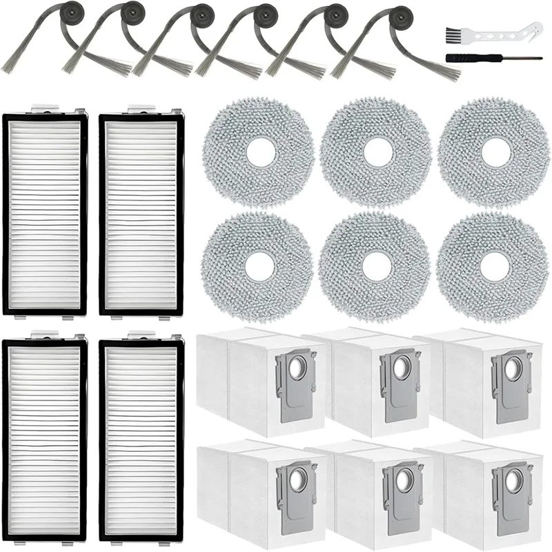 ABUS-Kit Aksesori Pengganti untuk Suku Cadang Penyedot Debu Robot Roborock Saros Z70, Kantong Debu Sikat Samping Filter Hepa + 6 Pel