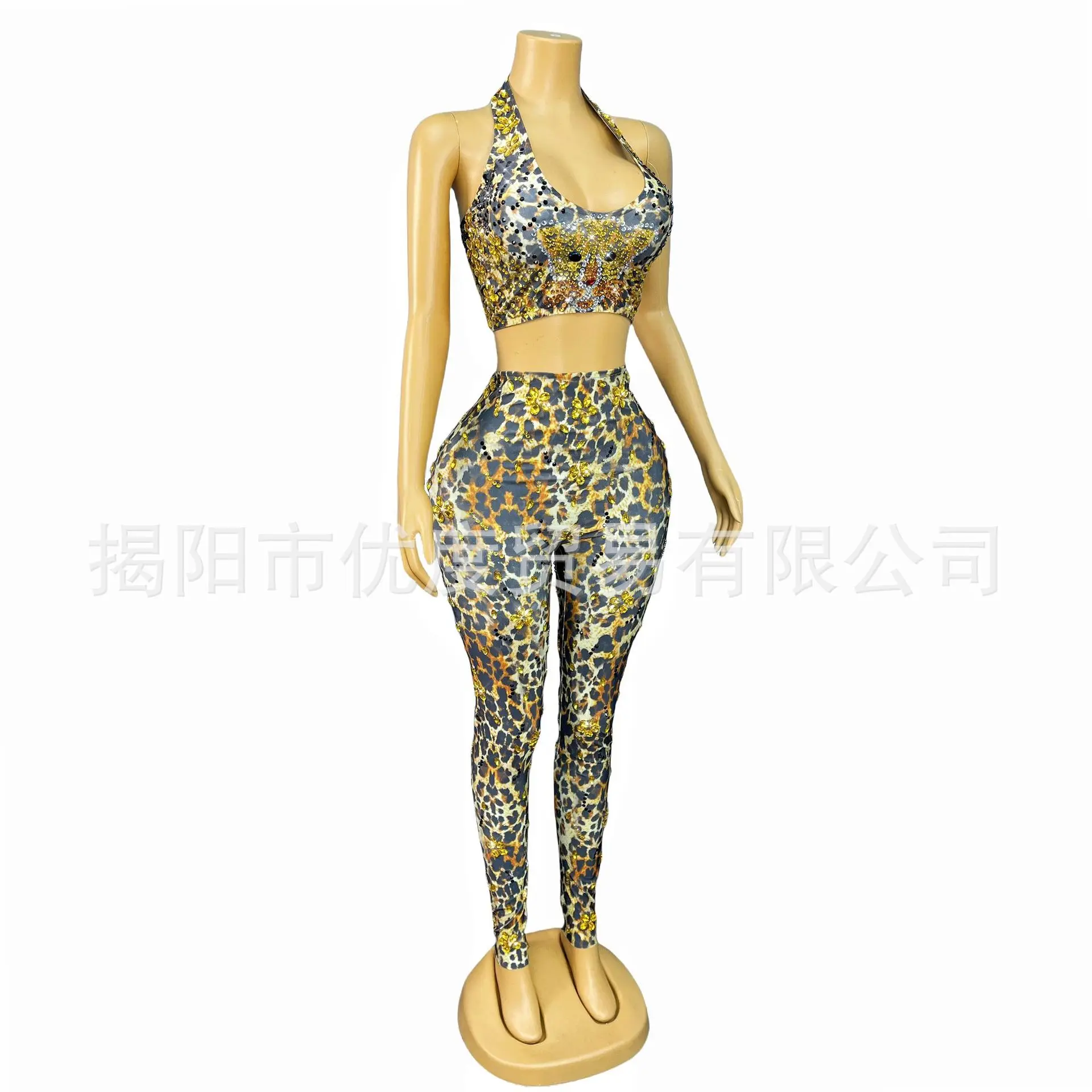 مثير ليوبارد طباعة حجر الراين سترة بنطلون مجموعة مرونة حفلة عيد ميلاد مرحلة الأداء الملابس يجب أن تكون ليوبارد فساتين السهرة #4