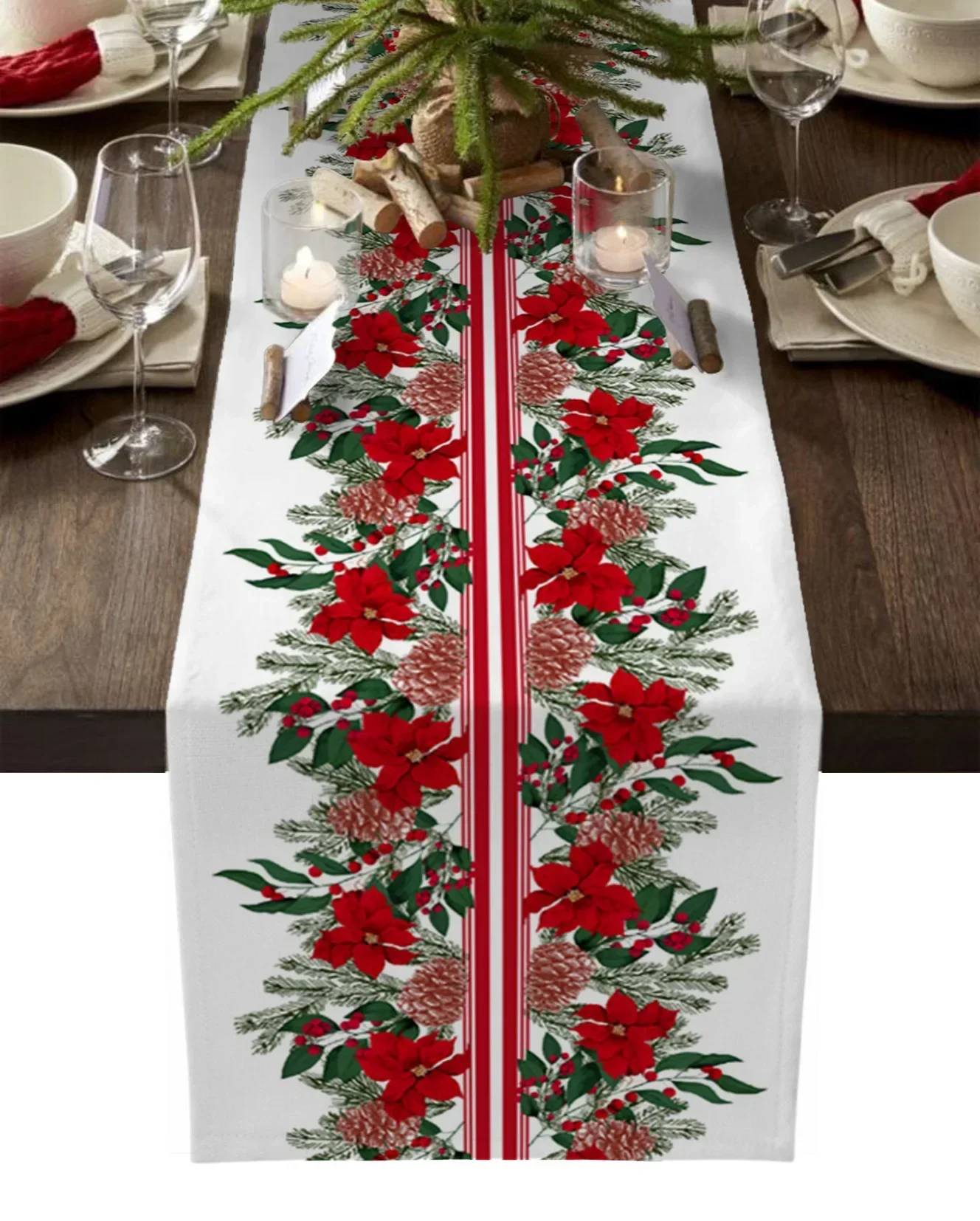 Christmas Poinsettia Pine Needles Pine Cones Table Runner Xmas Table Flag Cover Home Decorations Navidad Noel Gifts Tablecloth