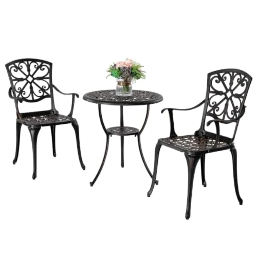 3 Pcs Outdoor Bistro Set Cast Aluminum Patio Set Bistro Table Set Rustproof Patio Table and Chairs with Umbrella Hole for Backy